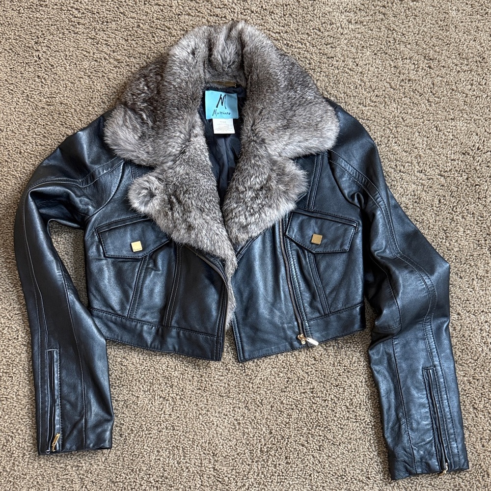 Marciano | Metallic Leather Crop Jacket with Fur Collar | Size XS